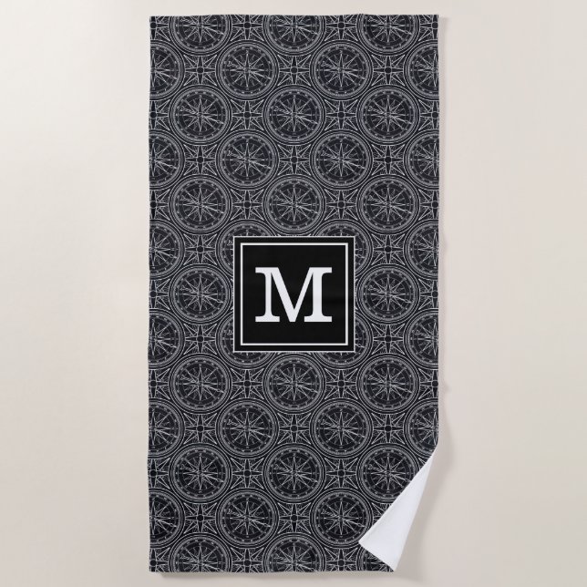 Add Your Monogram | Wind Rose Compass Pattern Beach Towel (Front)