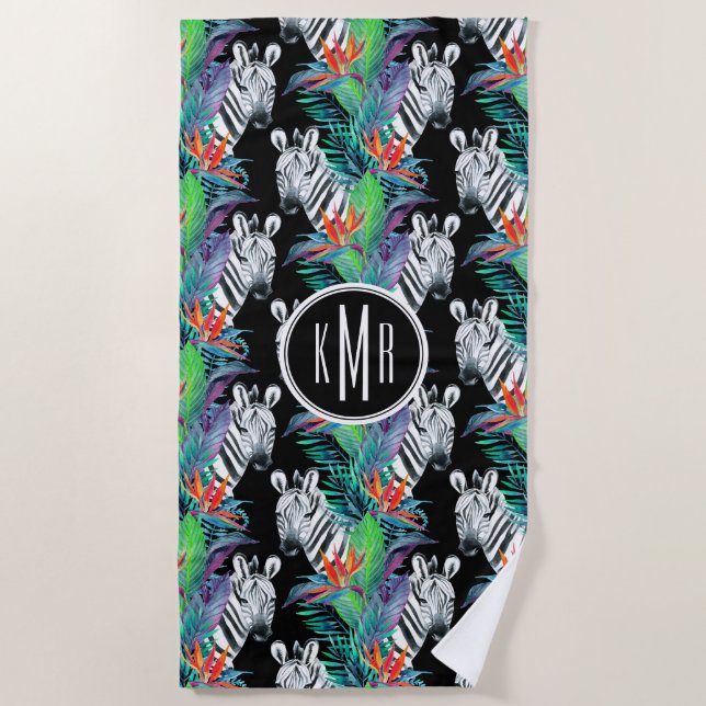 Add Your Monogram | Zebra And Exotic Flowers Beach Towel (Front)