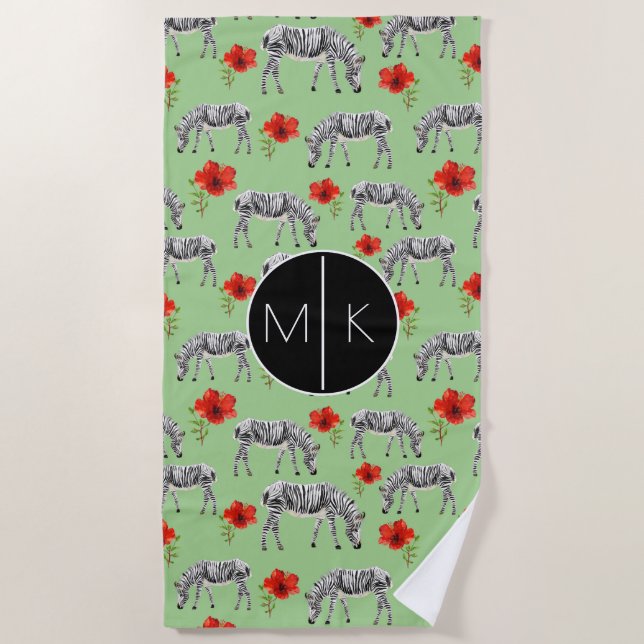 Add Your Monogram | Zebras Among Hibiscus Flowers Beach Towel (Front)
