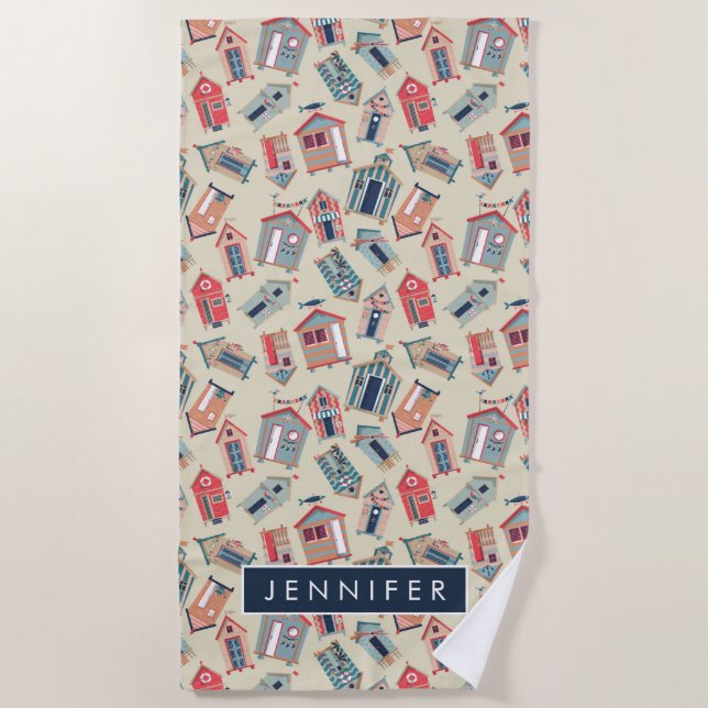 Add Your Name | Beach Hut Pattern Beach Towel (Front)