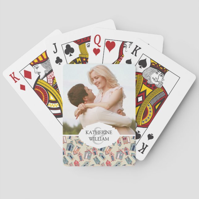 Add Your Name | Beach Hut Pattern Playing Cards (Back)