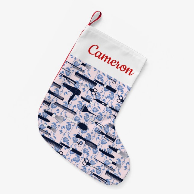 Add Your Name | Beauty Care Blue Rose Pattern Small Christmas Stocking (Front (Hanging))