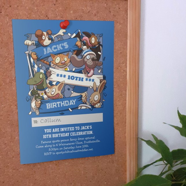 Add Your Name Birthday Animal Fans Blue & White Invitation (Creator Uploaded)