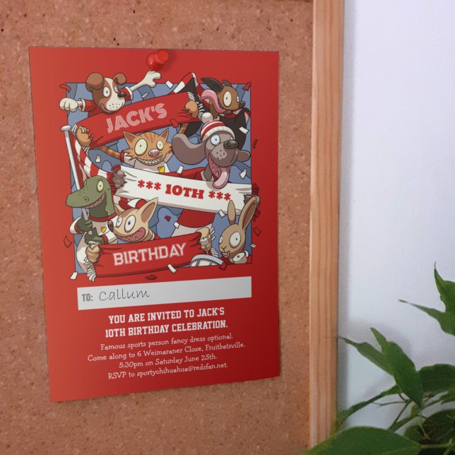 Add Your Name Birthday Animal Fans Red & White Invitation (Creator Uploaded)