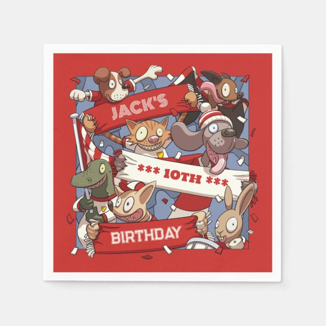 Add Your Name Birthday Party Animal Fans Cartoon Napkin (Front)