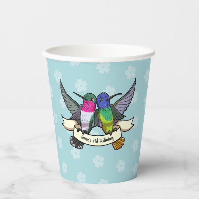Add Your Name Birthday Party Colourful Hummingbird Paper Cups (Front)