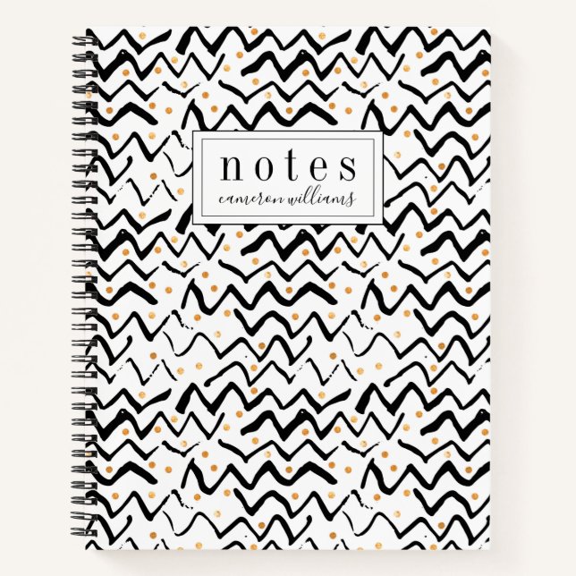 Add Your Name | Black Brush Strokes & Dots Notebook (Front)