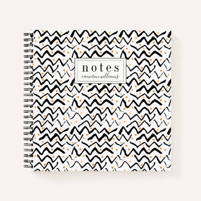 Add Your Name | Black Brush Strokes & Dots Notebook (Front)