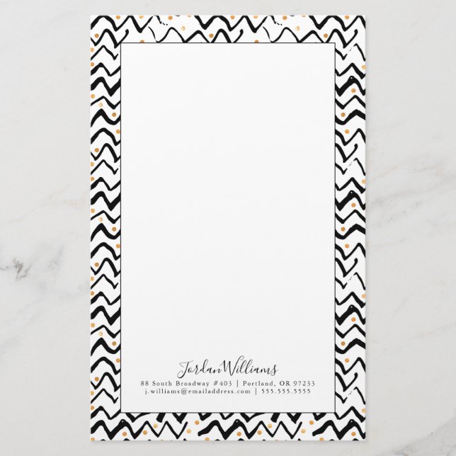 Add Your Name | Black Brush Strokes & Dots Stationery (Front)