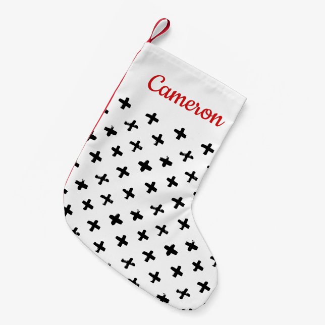 Add Your Name | Black Ink Stoke Cross Pattern Small Christmas Stocking (Front (Hanging))