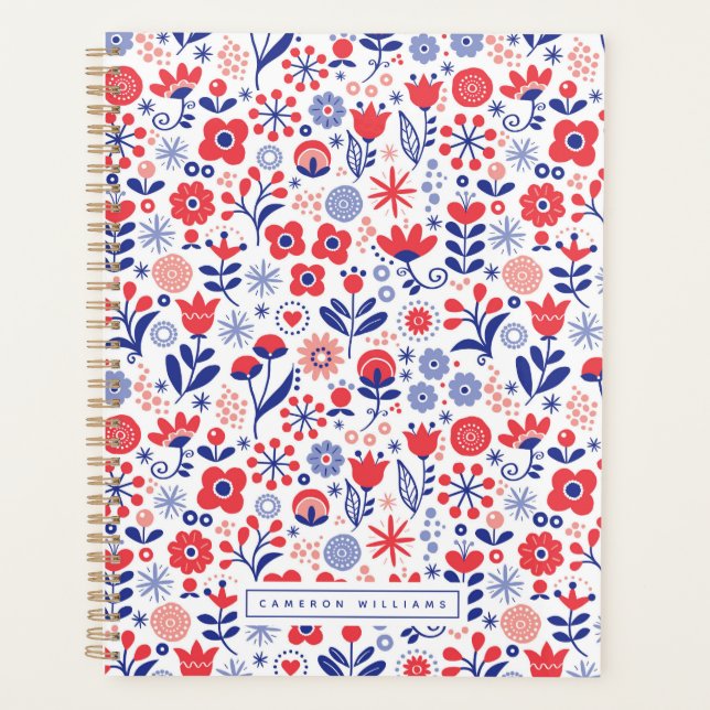 Add Your Name | Blue & Coral Floral Pattern Planner (Front)