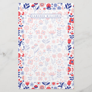 Add Your Name Blue & Coral Floral Pattern Stationery