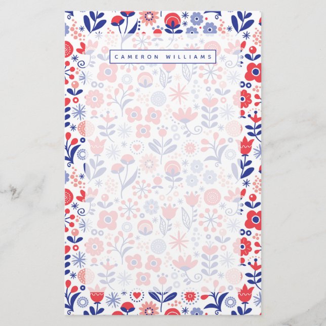 Add Your Name | Blue & Coral Floral Pattern Stationery (Front)