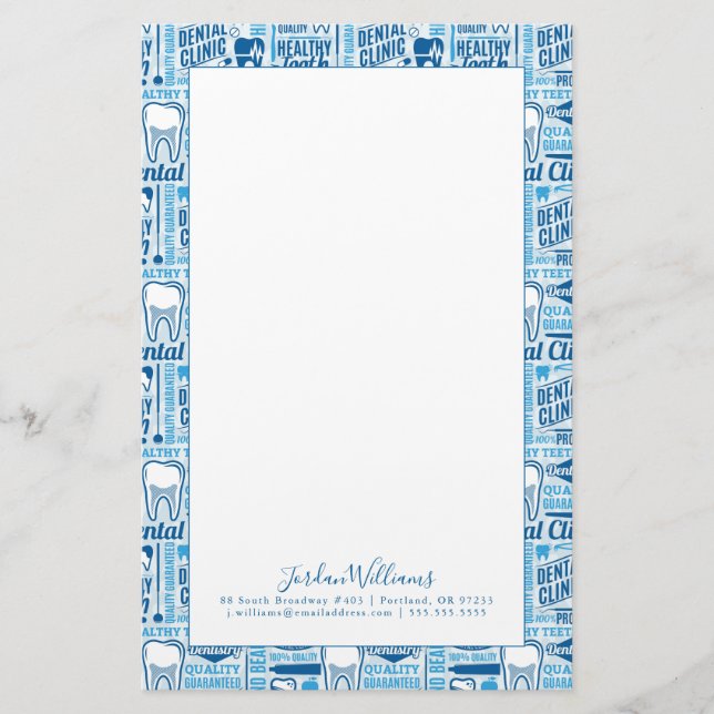 Add Your Name | Blue Dental Clinic Pattern Stationery (Front)