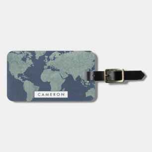 Add Your Name   Blue Linen World Map Luggage Tag