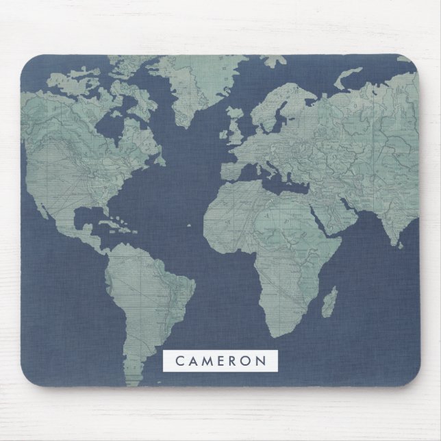 Add Your Name | Blue Linen World Map Mouse Mat (Front)