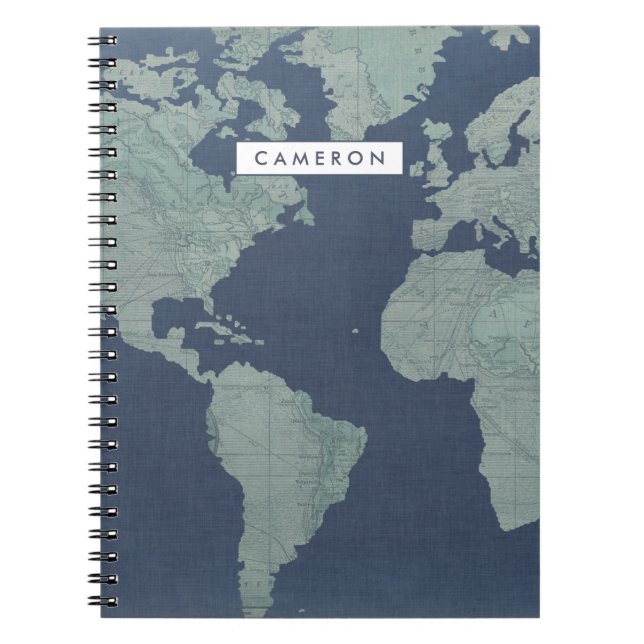 Add Your Name | Blue Linen World Map Notebook (Front)
