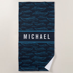 Add Your Name   Blue Yacht Pattern Beach Towel