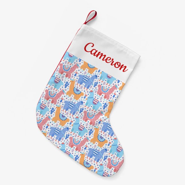 Add Your Name | Bright Colourful Alpaca Pattern Small Christmas Stocking (Front (Hanging))