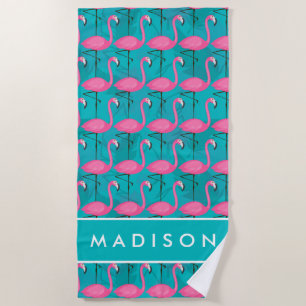 Add Your Name   Bright Flamingo Pattern Beach Towel
