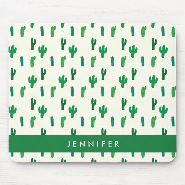 Add Your Name | Bright Green Cactus Pattern Mouse Mat (Front)
