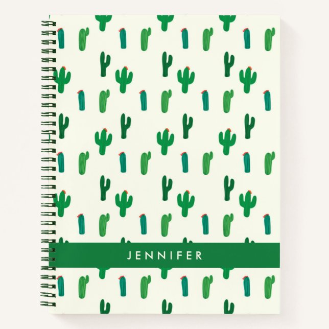 Add Your Name | Bright Green Cactus Pattern Notebook (Front)