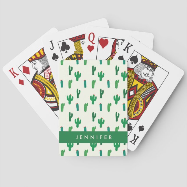 Add Your Name | Bright Green Cactus Pattern Playing Cards (Back)