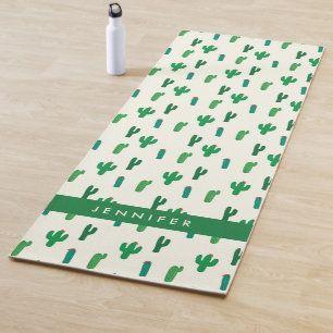 Add Your Name Bright Green Cactus Pattern Yoga Mat