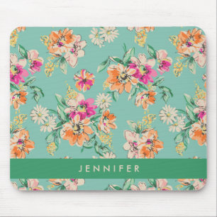 Add Your Name Bright Sketch Floral Pattern Mouse Mat