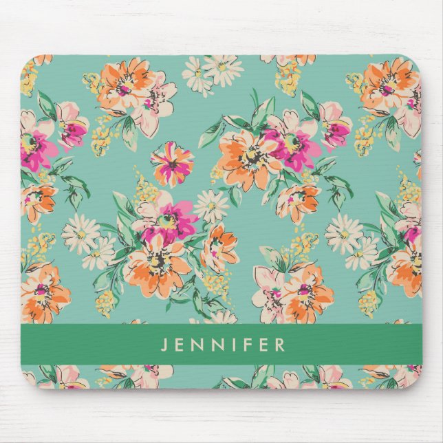 Add Your Name | Bright Sketch Floral Pattern Mouse Mat (Front)