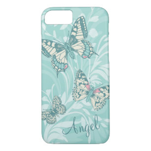 Add your name butterflies floral teal iphone case