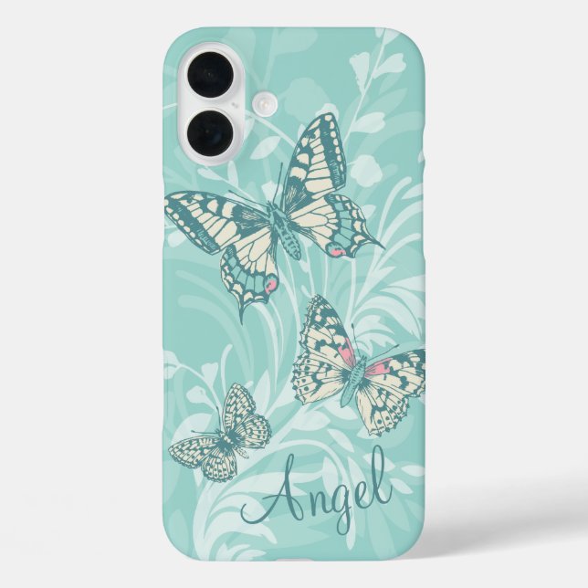 Add your name butterflies floral teal iphone case (Back)