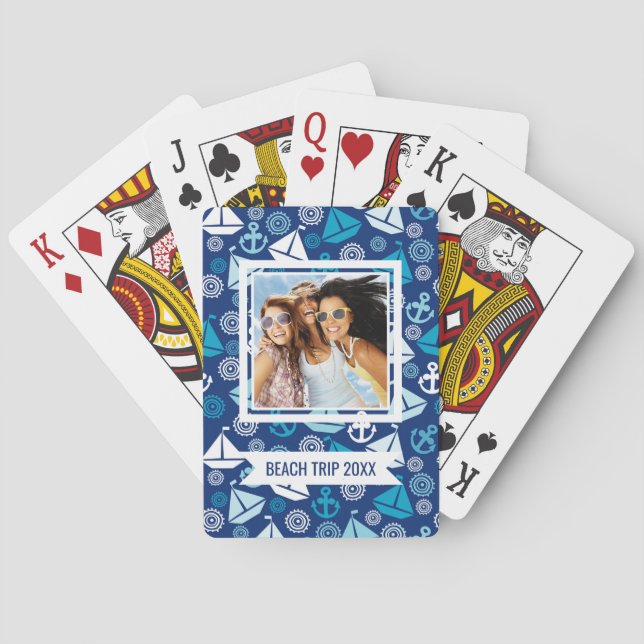 Add Your Name | Cartoon Pattern With Sailboats Playing Cards (Back)
