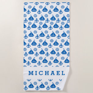 Add Your Name   Cartoon Sail Boat Pattern Beach Towel