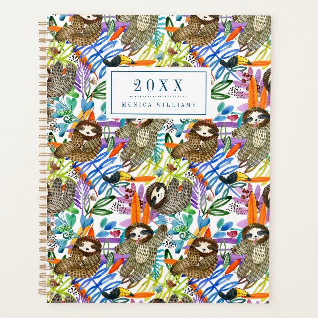 Add Your Name | Cartoon Watercolor Sloth Pattern Planner (Front)