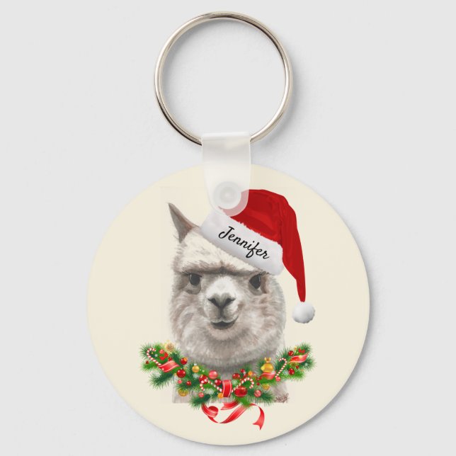 Add your name Christmas Santa Llama Keychain (Front)