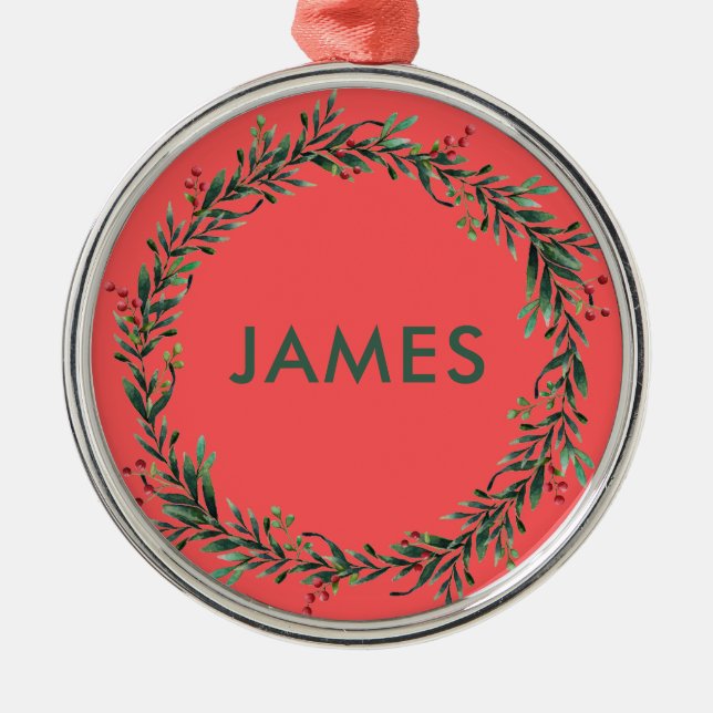 Add Your Name Christmas Wreath Personalised Metal Tree Decoration (Front)