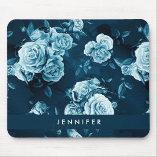 Add Your Name   Classic Blue Rose Pattern Mouse Mat