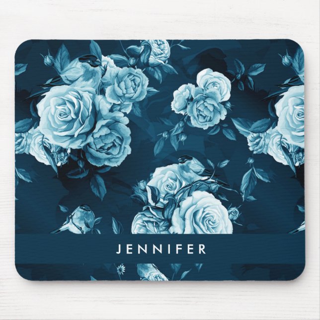 Add Your Name | Classic Blue Rose Pattern Mouse Mat (Front)