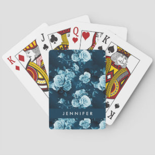 Add Your Name   Classic Blue Rose Pattern Playing Cards