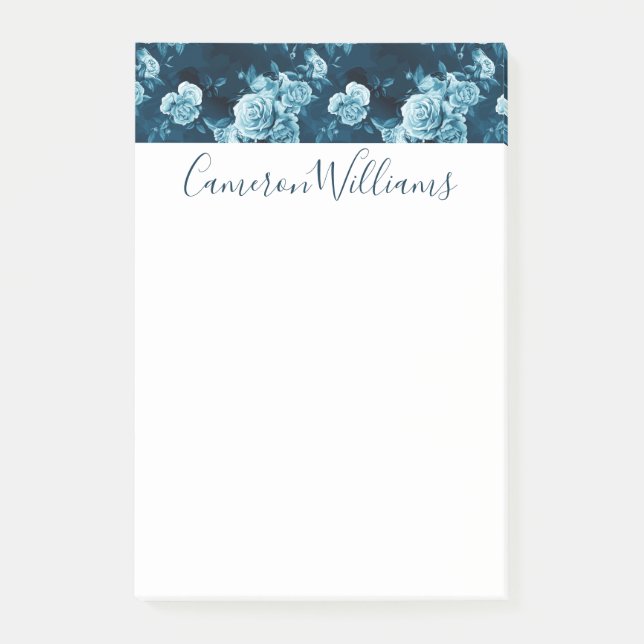 Add Your Name | Classic Blue Rose Pattern Post-it Notes (Front)