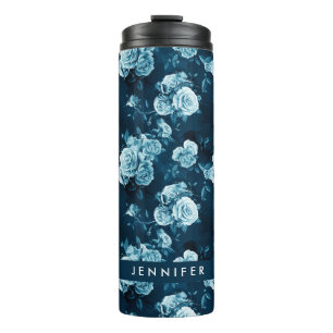 Add Your Name   Classic Blue Rose Pattern Thermal Tumbler