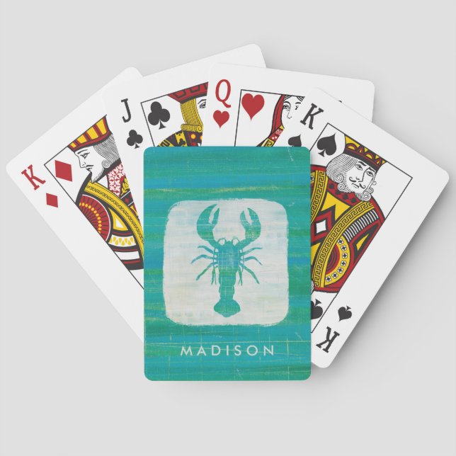 Add Your Name | Coastal Art | Aqua Lobster Playing Cards (Back)