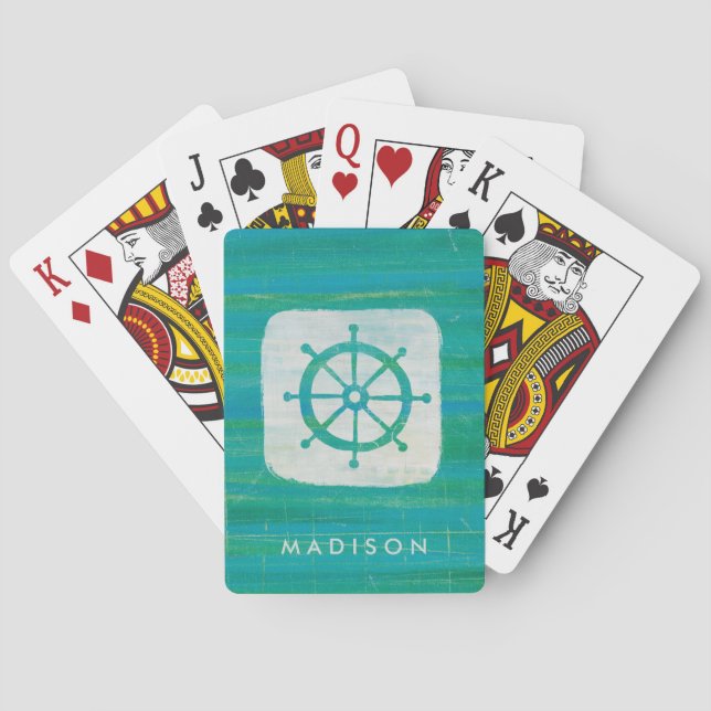 Add Your Name | Coastal Art | Aqua Steering Wheel Playing Cards (Back)