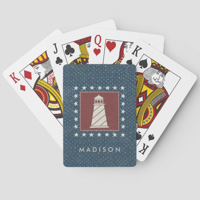 Add Your Name | Coastal Art | Lighthouse on Red Playing Cards (Back)