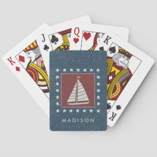 Add Your Name Coastal Art Sailboat on Red Playing Cards