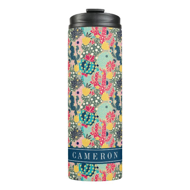 Add Your Name | Colourful Polka Dot Cactus Pattern Thermal Tumbler (Front)