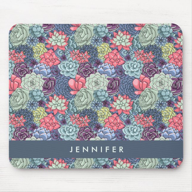 Add Your Name | Colourful Succulent Pattern Mouse Mat (Front)