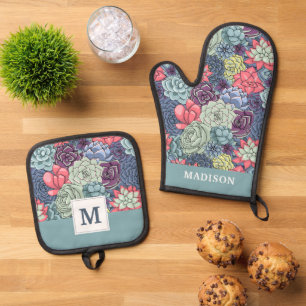 Add Your Name   Colourful Succulent Pattern Oven Mitt & Pot Holder Set
