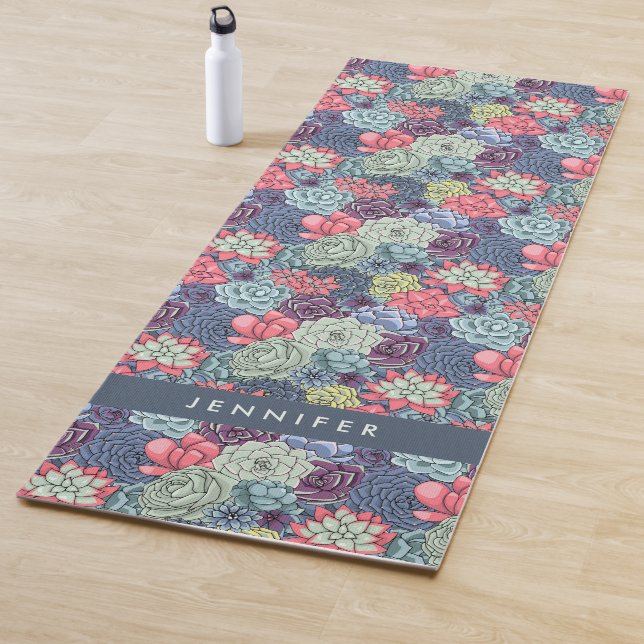 Add Your Name | Colourful Succulent Pattern Yoga Mat (In Situ)